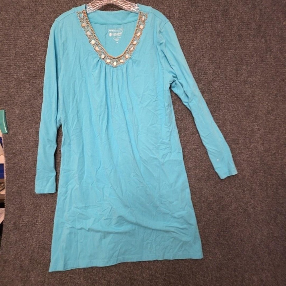 Coolibar Dress Womens M Blue Beaded V Neck Long Sleeve Shift Sun UPF 50+ SPOT